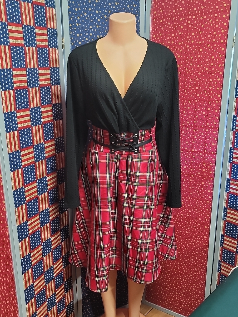 SHEIN Black Top with Red Plaid Midi Skirt and Corset Waist